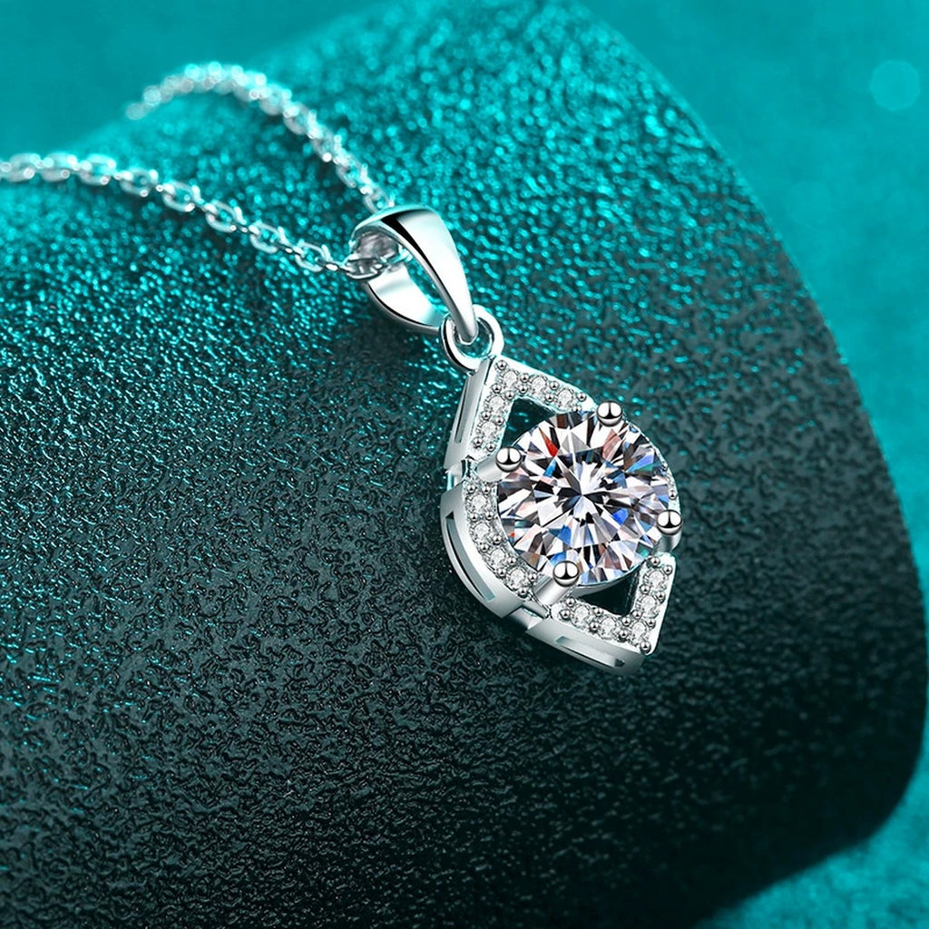 Teardrop Moissanite Pendant Necklace with CZ in Rhodium-Plated S925 sterling silver angled product detail view