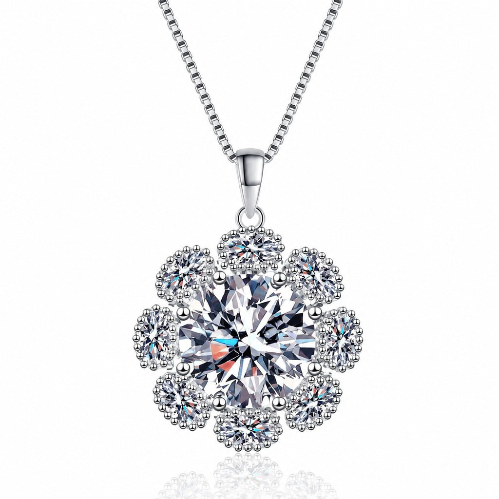 Sunflower Halo Moissanite Pendant Necklace with CZ in Rhodium-Plated S925 sterling silver white background product photo showing large sunflower halo pendant with a 14mm round moissanite center and CZ petals