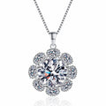 Sunflower Halo Moissanite Pendant Necklace with CZ in Rhodium-Plated S925 sterling silver white background product photo showing large sunflower halo pendant with a 14mm round moissanite center and CZ petals