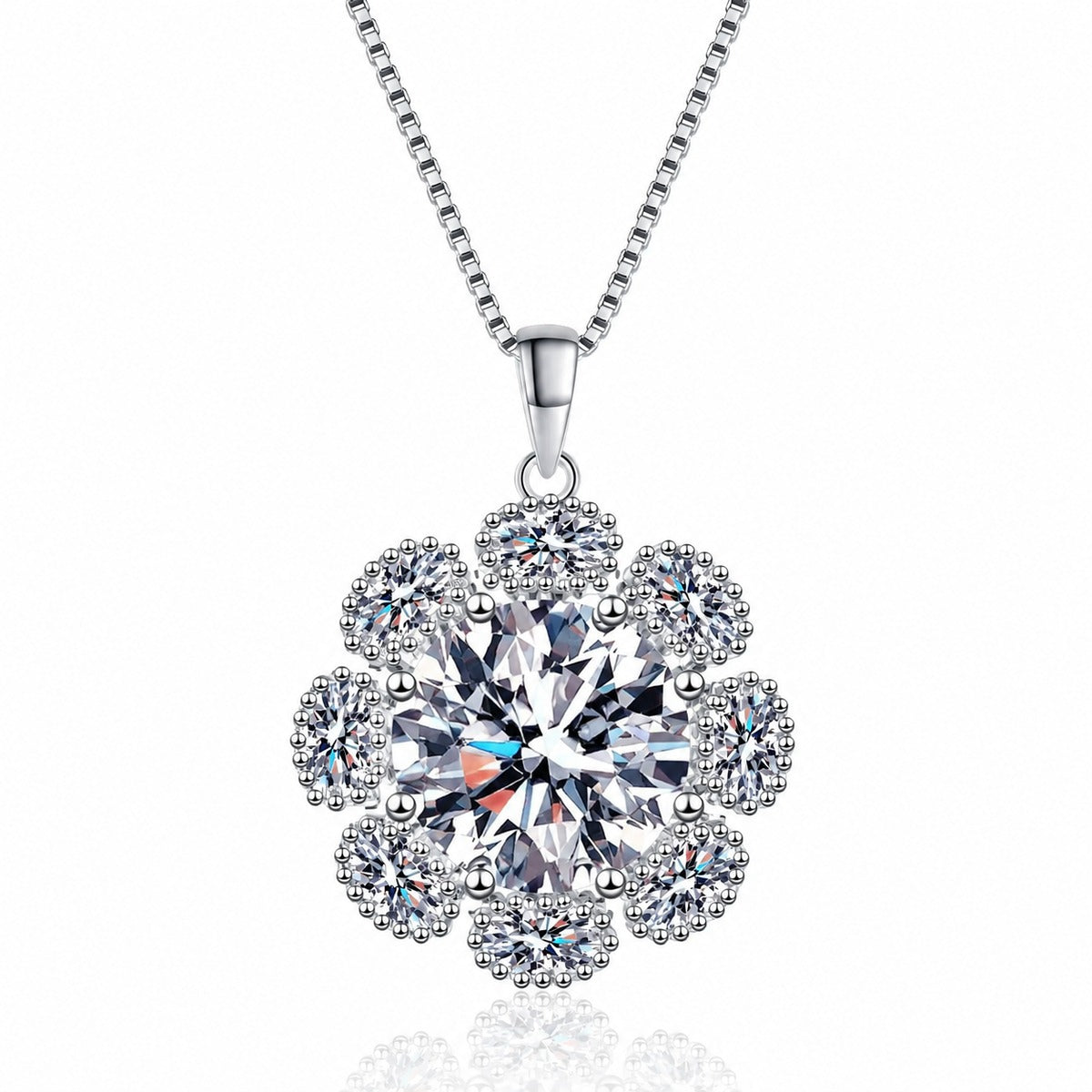 Sunflower Halo Moissanite Pendant Necklace with CZ in Rhodium-Plated S925 sterling silver white background product photo showing large sunflower halo pendant with a 14mm round moissanite center and CZ petals