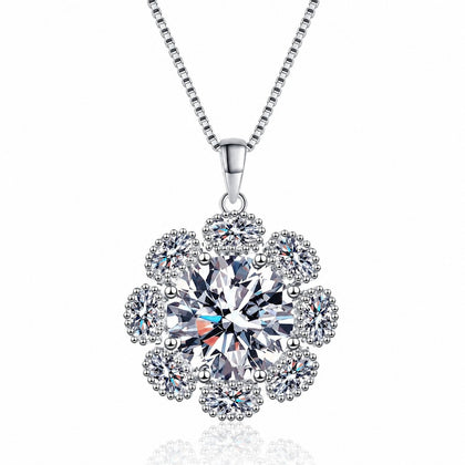 Sunflower Halo Moissanite Pendant Necklace with CZ in Rhodium-Plated S925 sterling silver white background product photo showing large sunflower halo pendant with a 14mm round moissanite center and CZ petals