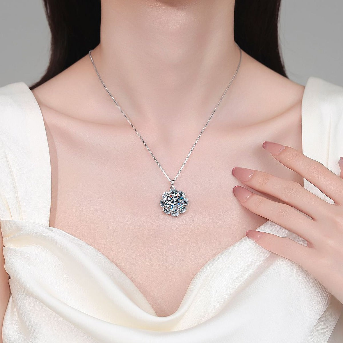 Sunflower Halo Moissanite Pendant Necklace with CZ in Rhodium-Plated S925 sterling silver neckline model view showing pendant scale and adjustable chain