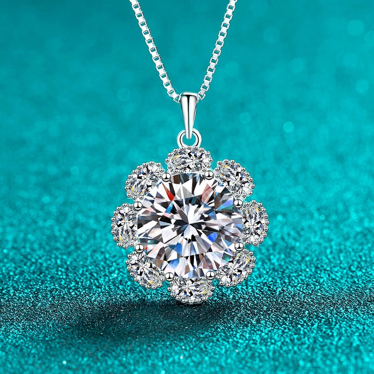 Sunflower Halo Moissanite Pendant Necklace with CZ in Rhodium-Plated S925 sterling silver close-up product scene showing pendant setting