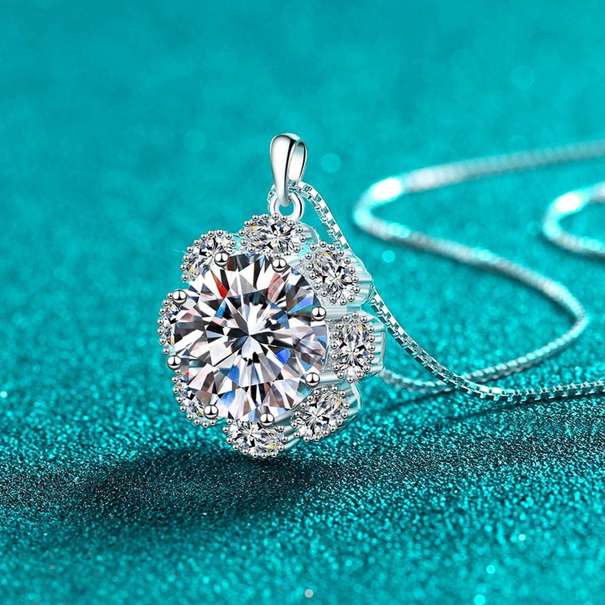Sunflower Halo Moissanite Pendant Necklace with CZ in Rhodium-Plated S925 sterling silver blue display scene showing chain and stone layout