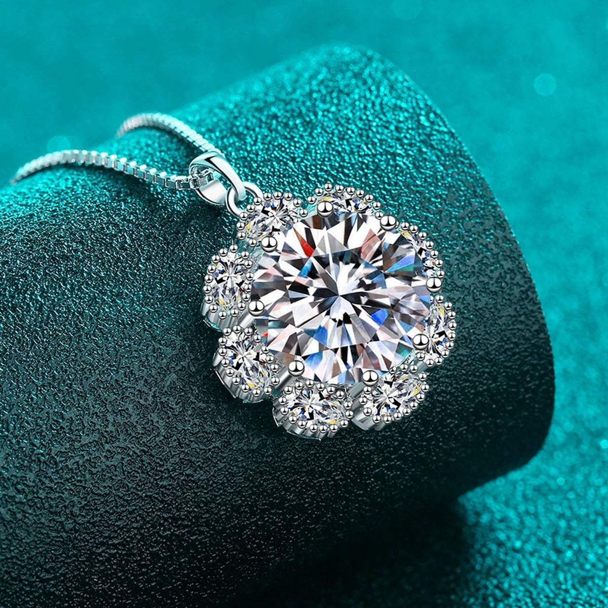 Sunflower Halo Moissanite Pendant Necklace with CZ in Rhodium-Plated S925 sterling silver angled product detail view