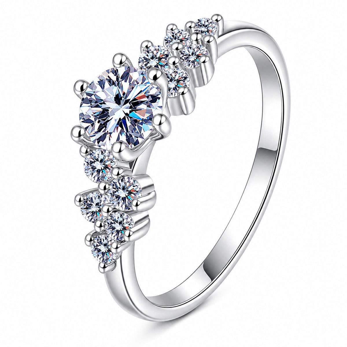 Round Moissanite Ring with CZ in rhodium-plated S925 sterling silver on clean white background