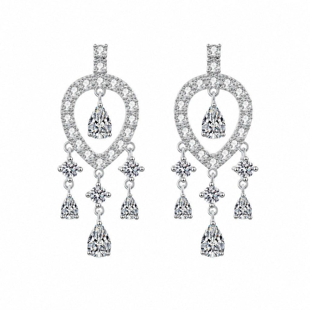 Pear and Round Moissanite Stud Chandelier Earrings in Rhodium-Plated S925 sterling silver white background product photo showing the pair, stone shape, and stud dangle earrings silhouette
