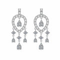 Pear and Round Moissanite Stud Chandelier Earrings in Rhodium-Plated S925 sterling silver white background product photo showing the pair, stone shape, and stud dangle earrings silhouette