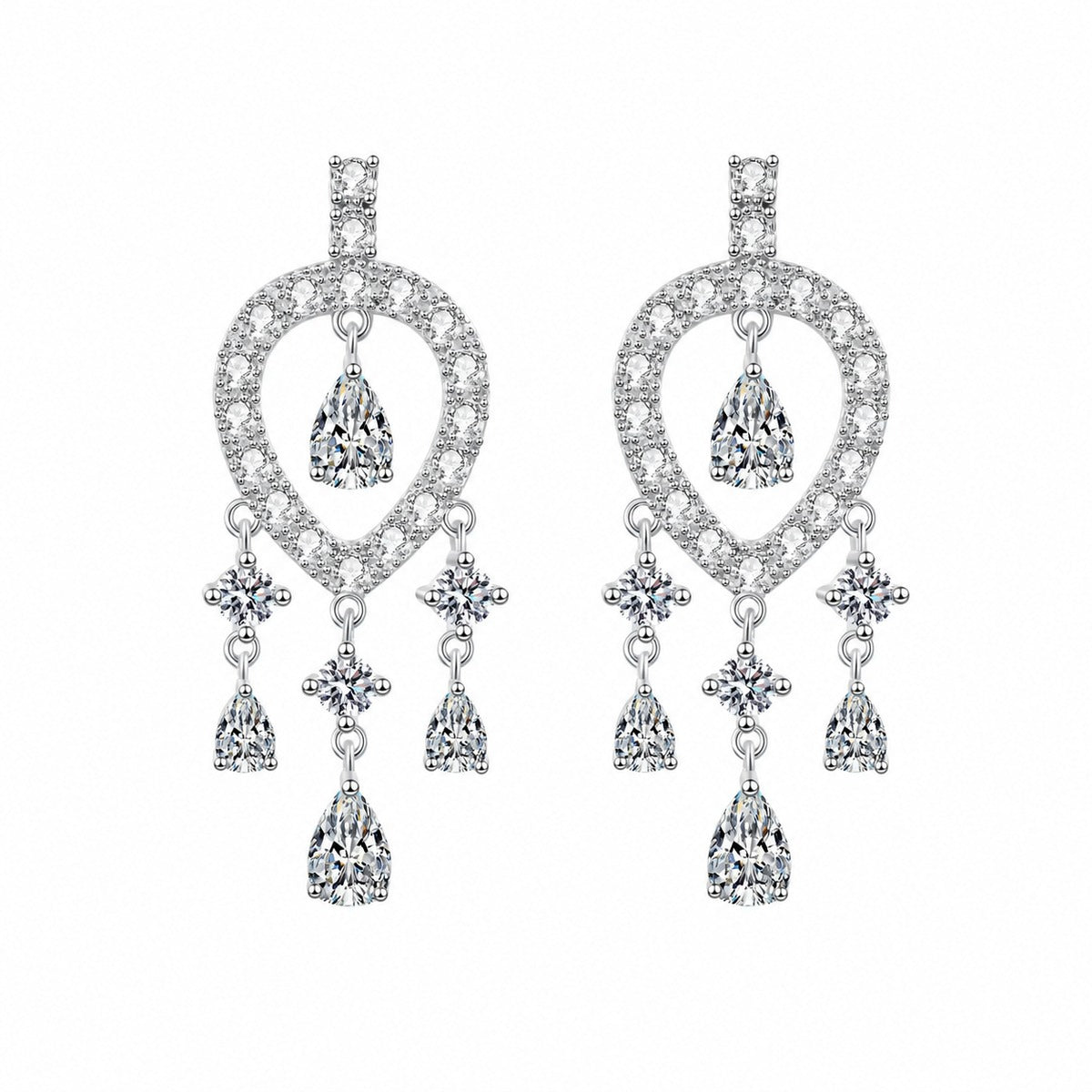 Pear and Round Moissanite Stud Chandelier Earrings in Rhodium-Plated S925 sterling silver white background product photo showing the pair, stone shape, and stud dangle earrings silhouette