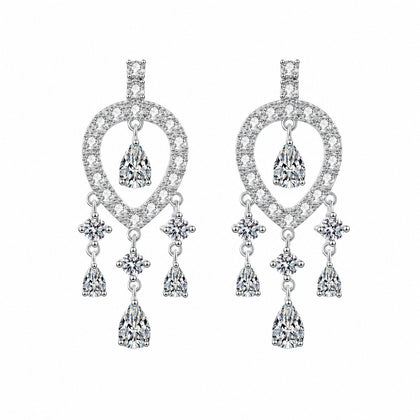 Pear and Round Moissanite Stud Chandelier Earrings in Rhodium-Plated S925 sterling silver white background product photo showing the pair, stone shape, and stud dangle earrings silhouette