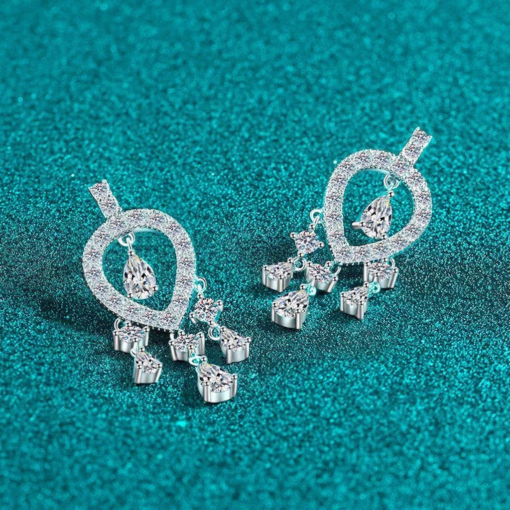 Pear and Round Moissanite Stud Chandelier Earrings in Rhodium-Plated S925 sterling silver product scene view showing side profile