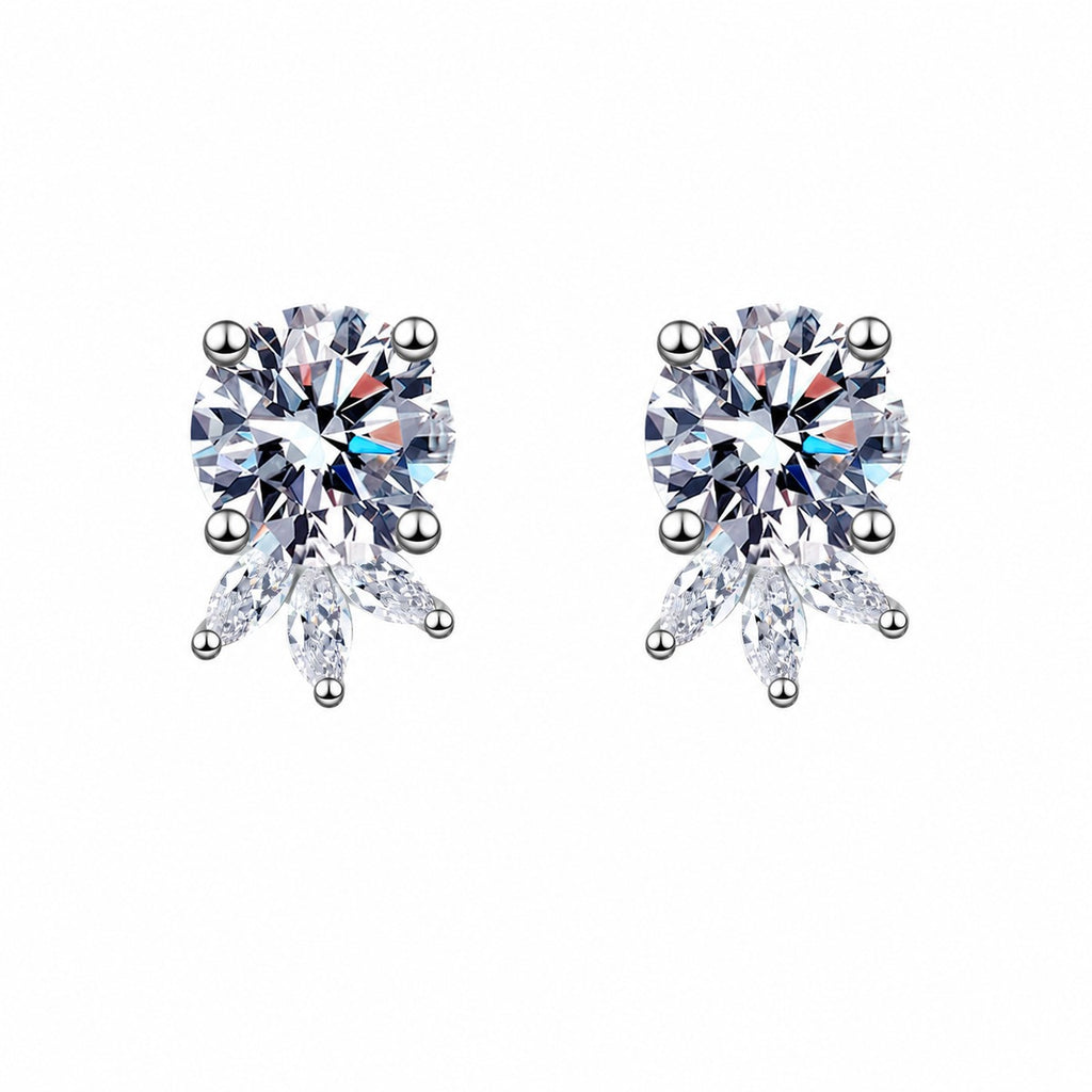 Round Moissanite Stud Earrings with CZ in Rhodium-Plated S925 sterling silver white background product photo showing the pair, stone shape, and stud earrings silhouette