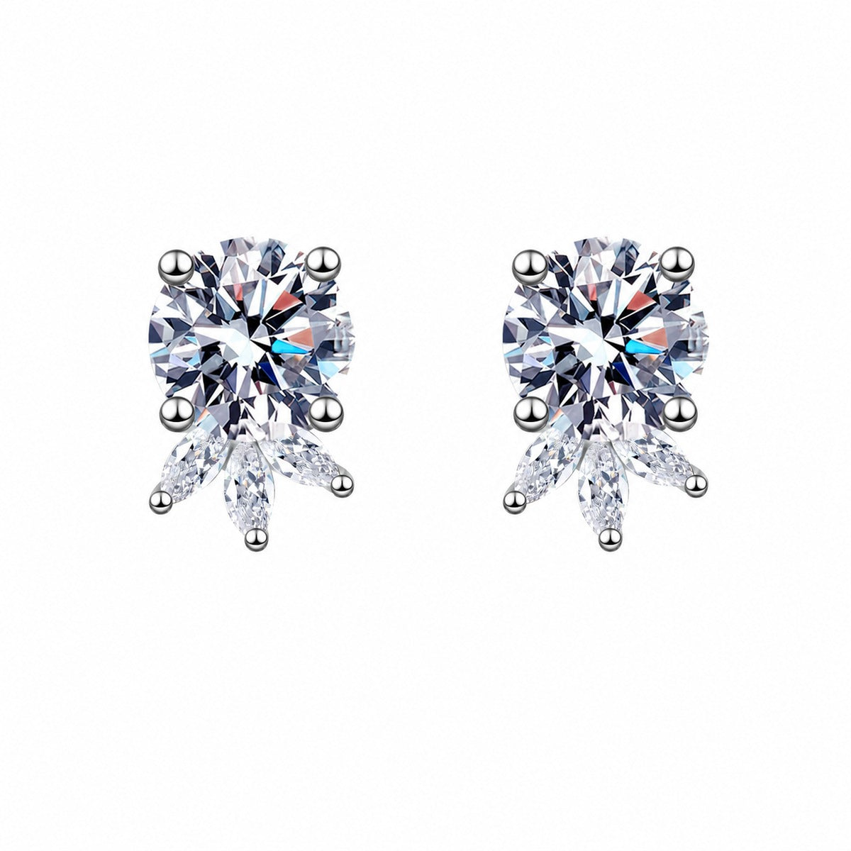 Round Moissanite Stud Earrings with CZ in Rhodium-Plated S925 sterling silver white background product photo showing the pair, stone shape, and stud earrings silhouette