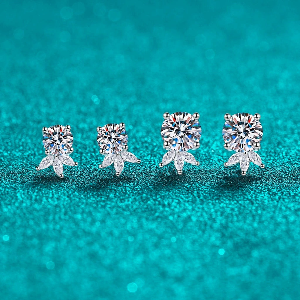 Round Moissanite Stud Earrings with CZ in Rhodium-Plated S925 sterling silver product scene view showing front sparkle