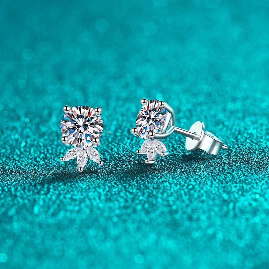 Round Moissanite Stud Earrings with CZ in Rhodium-Plated S925 sterling silver product scene view showing angled setting detail