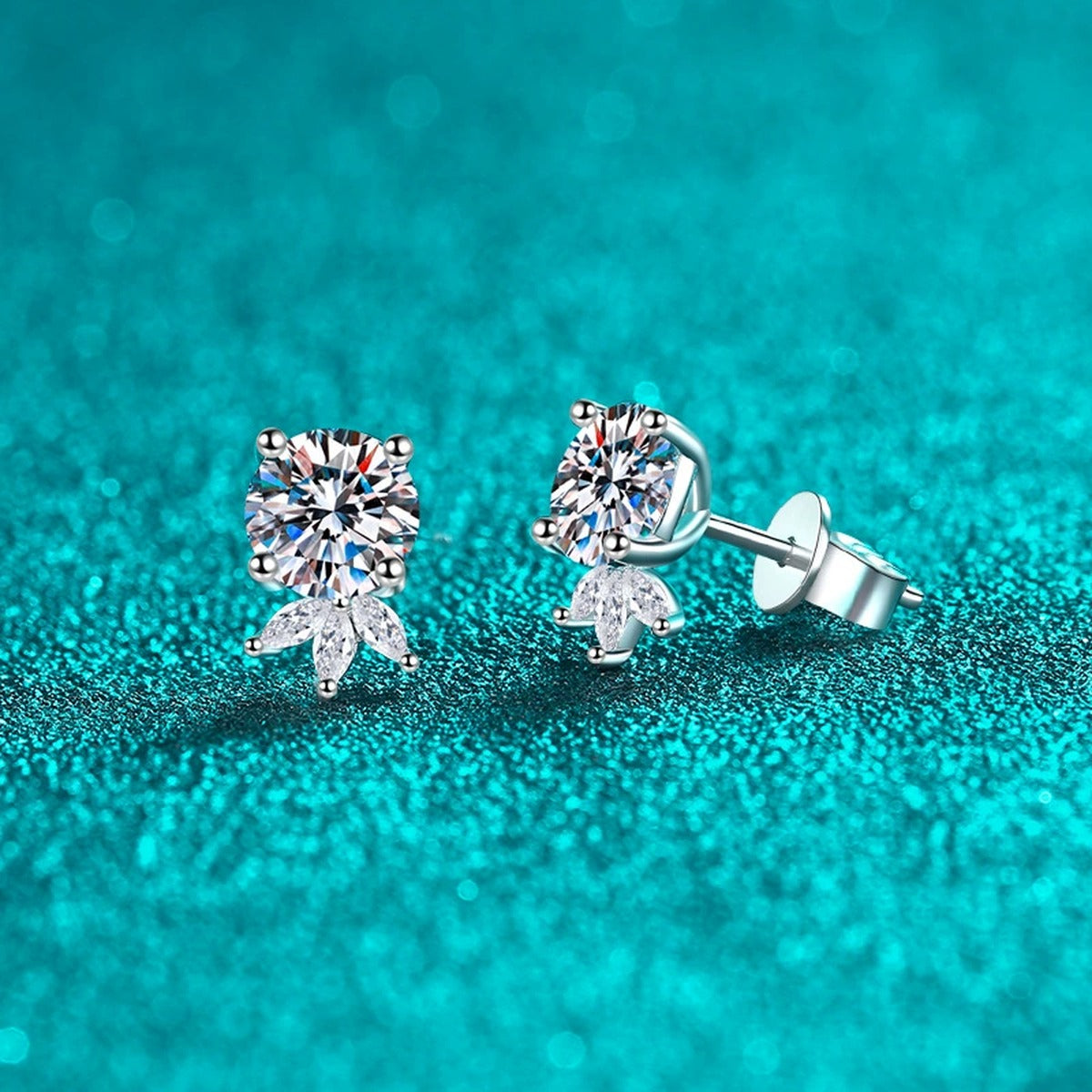 Round Moissanite Stud Earrings with CZ in Rhodium-Plated S925 sterling silver product scene view showing angled setting detail