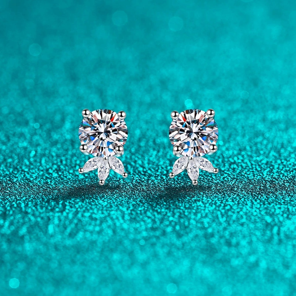 Round Moissanite Stud Earrings with CZ in Rhodium-Plated S925 sterling silver product scene view showing side profile