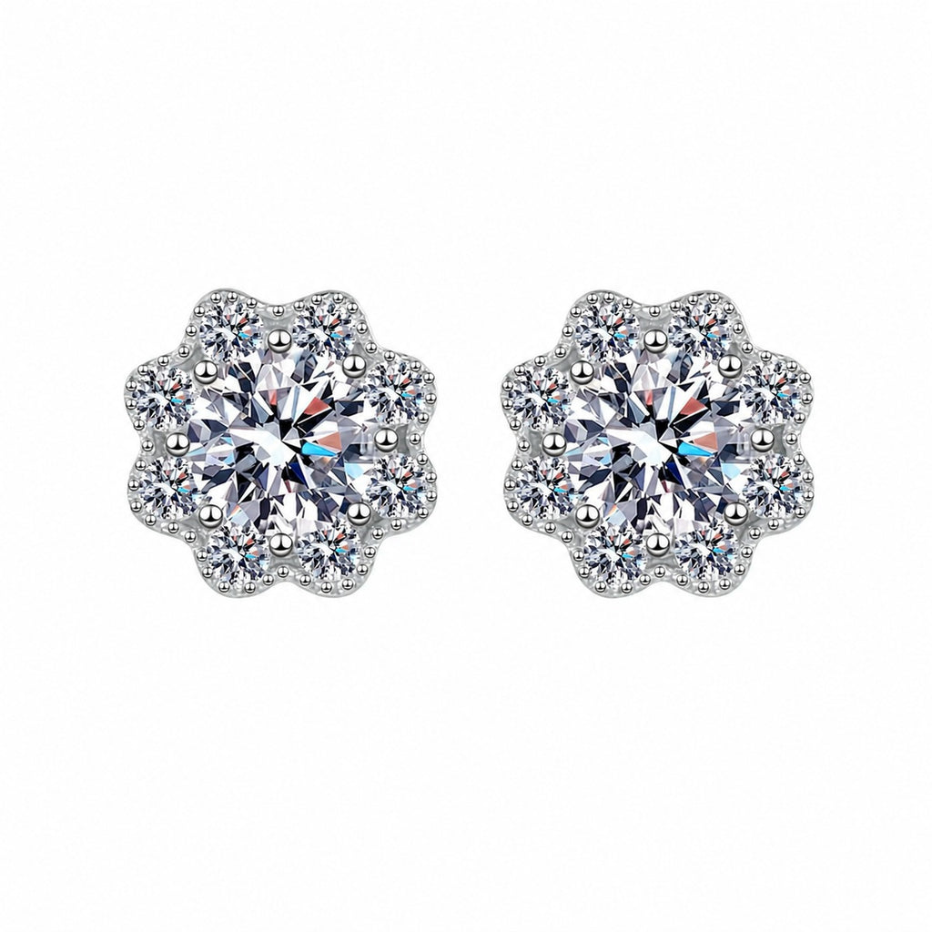 Floral Cluster Moissanite Stud Earrings with CZ in Rhodium-Plated S925 sterling silver white background product photo showing the pair, stone shape, and stud earrings silhouette