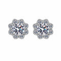 Floral Cluster Moissanite Stud Earrings with CZ in Rhodium-Plated S925 sterling silver white background product photo showing the pair, stone shape, and stud earrings silhouette