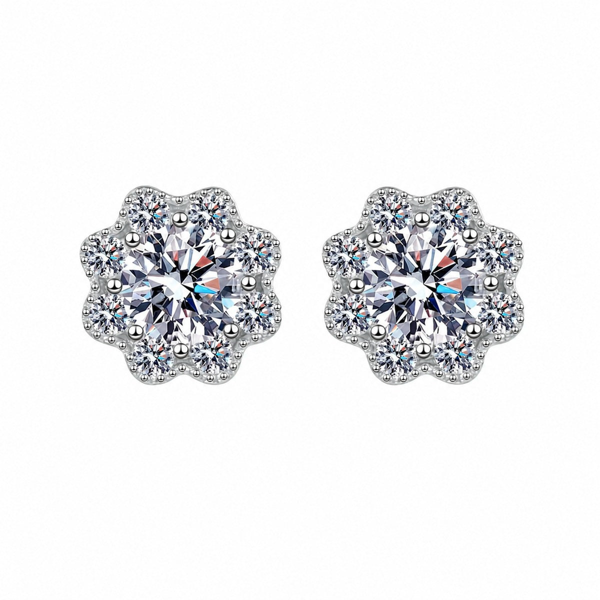 Floral Cluster Moissanite Stud Earrings with CZ in Rhodium-Plated S925 sterling silver white background product photo showing the pair, stone shape, and stud earrings silhouette