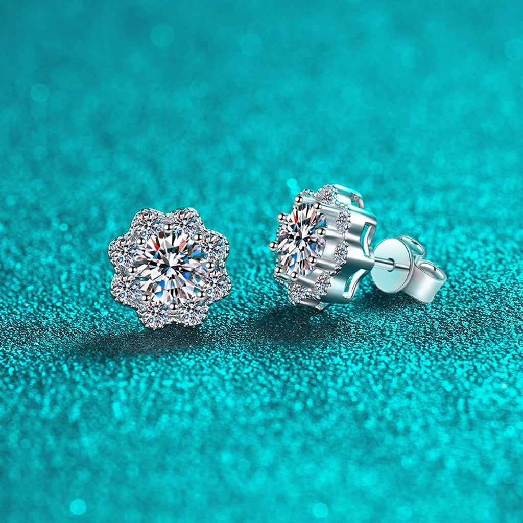 Floral Cluster Moissanite Stud Earrings with CZ in Rhodium-Plated S925 sterling silver product scene view showing front sparkle