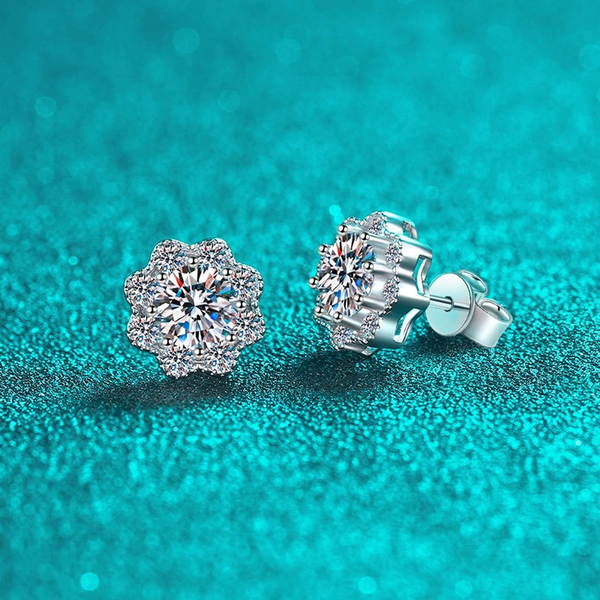 Floral Cluster Moissanite Stud Earrings with CZ in Rhodium-Plated S925 sterling silver product scene view showing front sparkle