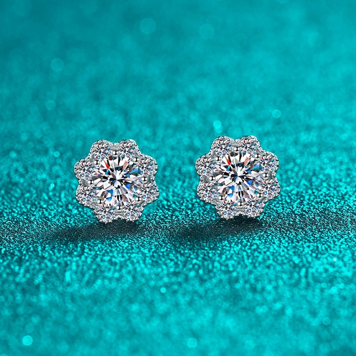Floral Cluster Moissanite Stud Earrings with CZ in Rhodium-Plated S925 sterling silver product scene view showing angled setting detail