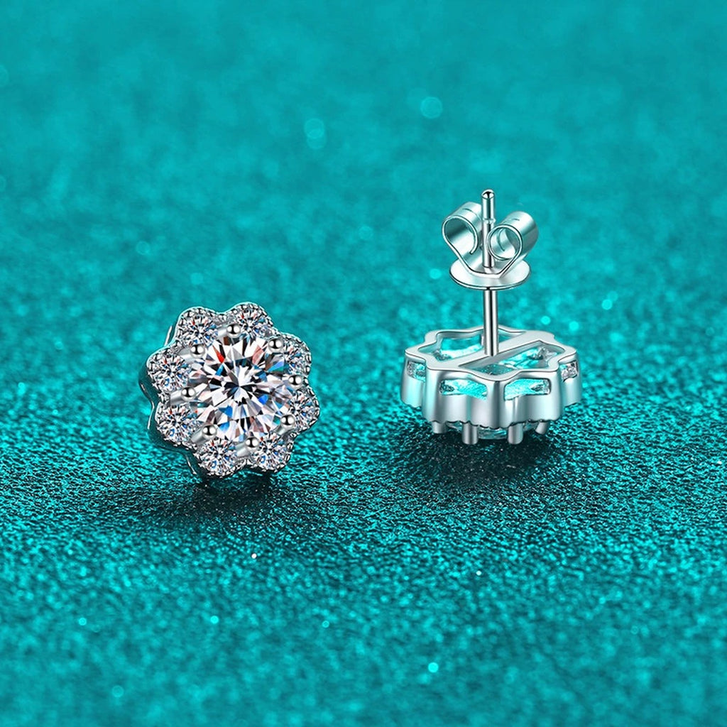 Floral Cluster Moissanite Stud Earrings with CZ in Rhodium-Plated S925 sterling silver product scene view showing side profile
