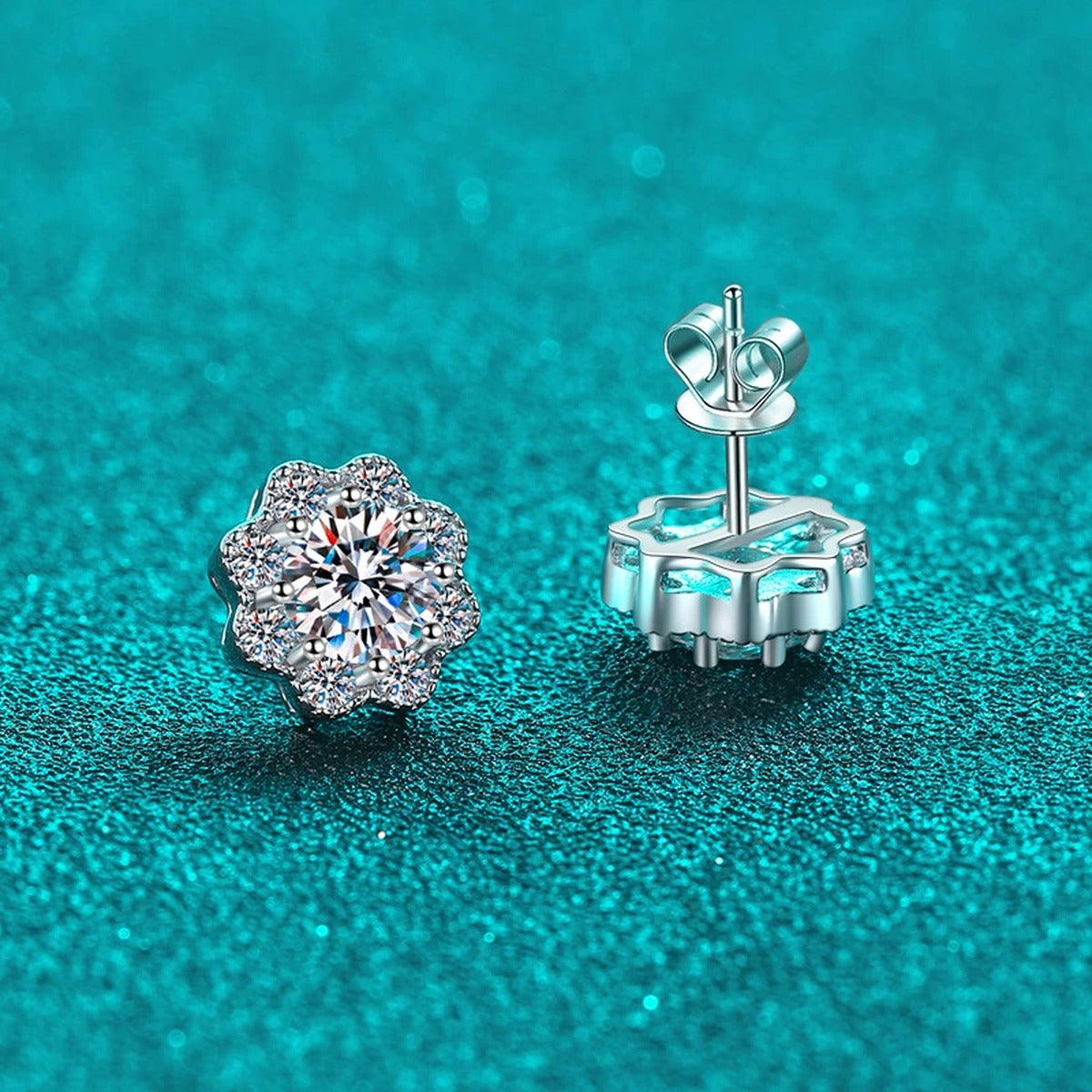 Floral Cluster Moissanite Stud Earrings with CZ in Rhodium-Plated S925 sterling silver product scene view showing side profile