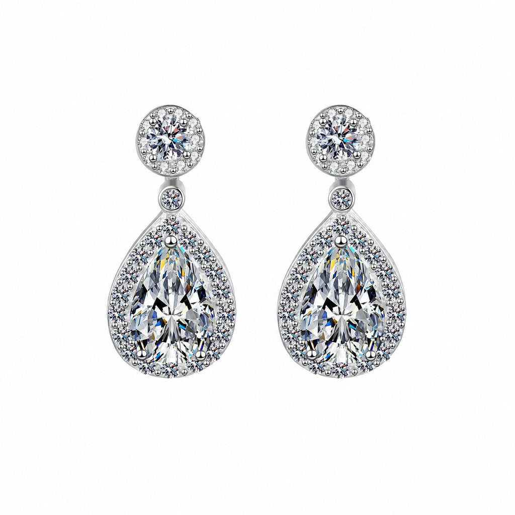 Pear Cut Moissanite Stud Drop Earrings with CZ in Rhodium-Plated S925 sterling silver white background product photo showing the pair, stone shape, and stud earrings silhouette