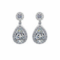 Pear Cut Moissanite Stud Drop Earrings with CZ in Rhodium-Plated S925 sterling silver white background product photo showing the pair, stone shape, and stud earrings silhouette