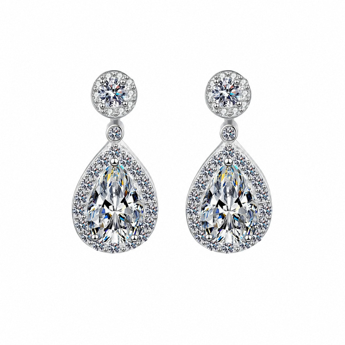 Pear Cut Moissanite Stud Drop Earrings with CZ in Rhodium-Plated S925 sterling silver white background product photo showing the pair, stone shape, and stud earrings silhouette