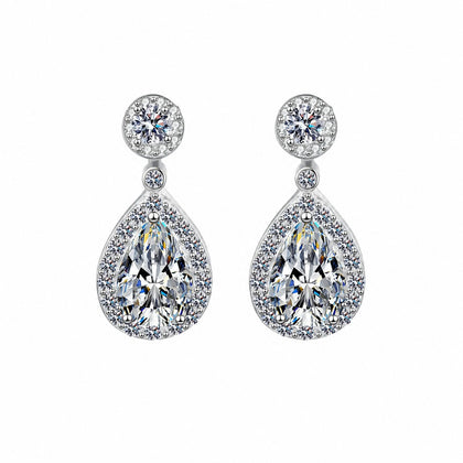 Pear Cut Moissanite Stud Drop Earrings with CZ in Rhodium-Plated S925 sterling silver white background product photo showing the pair, stone shape, and stud earrings silhouette