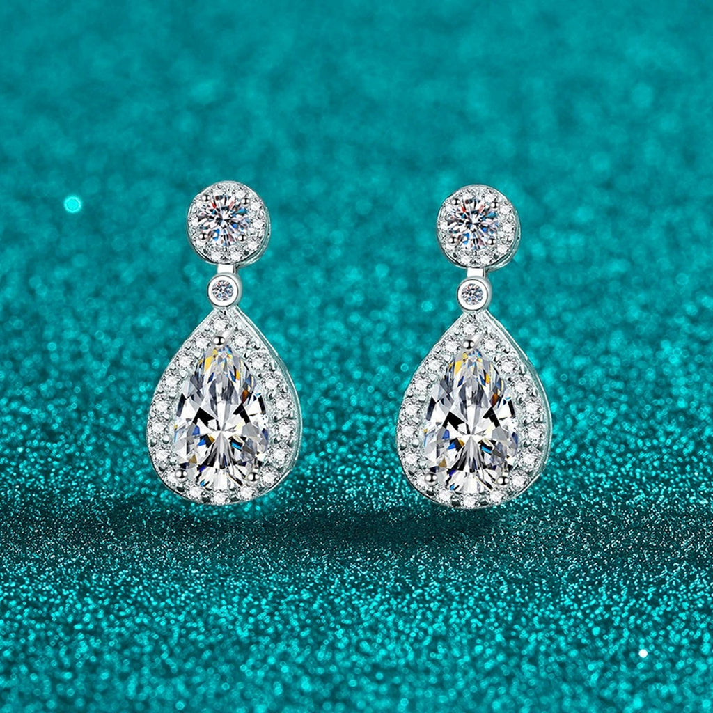 Pear Cut Moissanite Stud Drop Earrings with CZ in Rhodium-Plated S925 sterling silver product scene view showing front sparkle