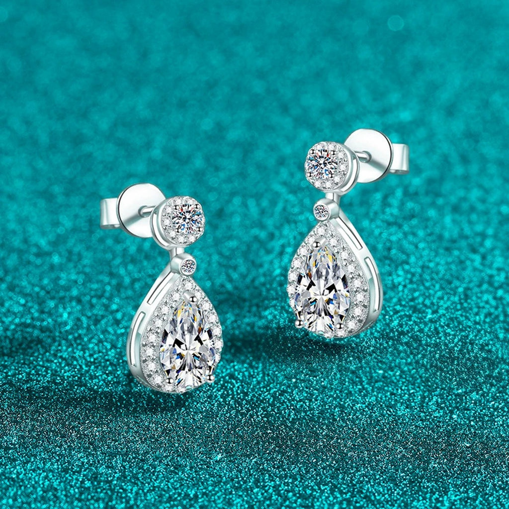 Pear Cut Moissanite Stud Drop Earrings with CZ in Rhodium-Plated S925 sterling silver product scene view showing side profile