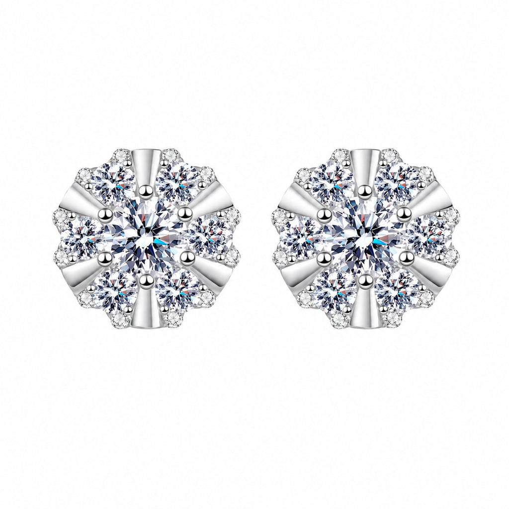 Starburst Moissanite Stud Earrings with CZ in Rhodium-Plated S925 sterling silver white background product photo showing the pair, stone shape, and stud earrings silhouette