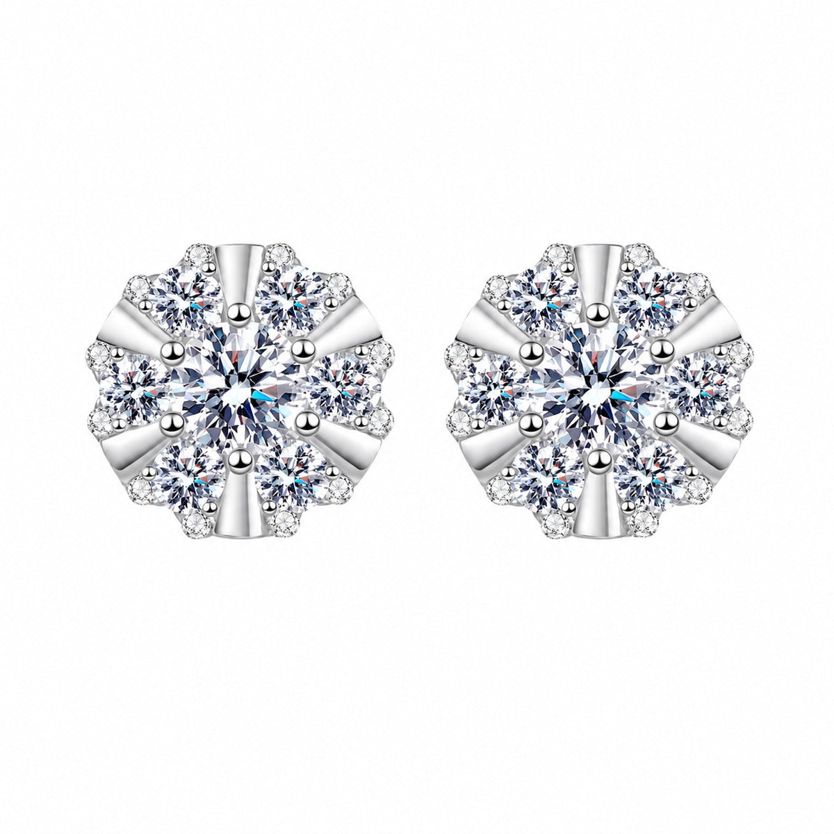 Starburst Moissanite Stud Earrings with CZ in Rhodium-Plated S925 sterling silver white background product photo showing the pair, stone shape, and stud earrings silhouette