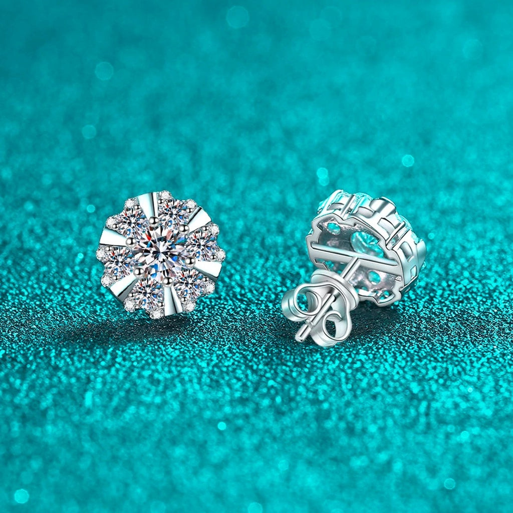 Starburst Moissanite Stud Earrings with CZ in Rhodium-Plated S925 sterling silver product scene view showing front sparkle