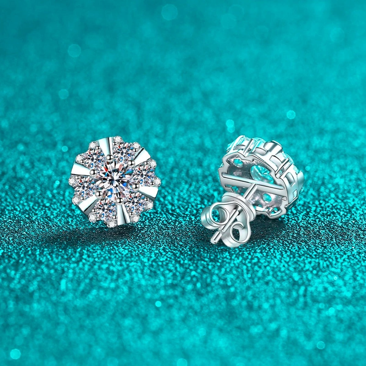 Starburst Moissanite Stud Earrings with CZ in Rhodium-Plated S925 sterling silver product scene view showing front sparkle