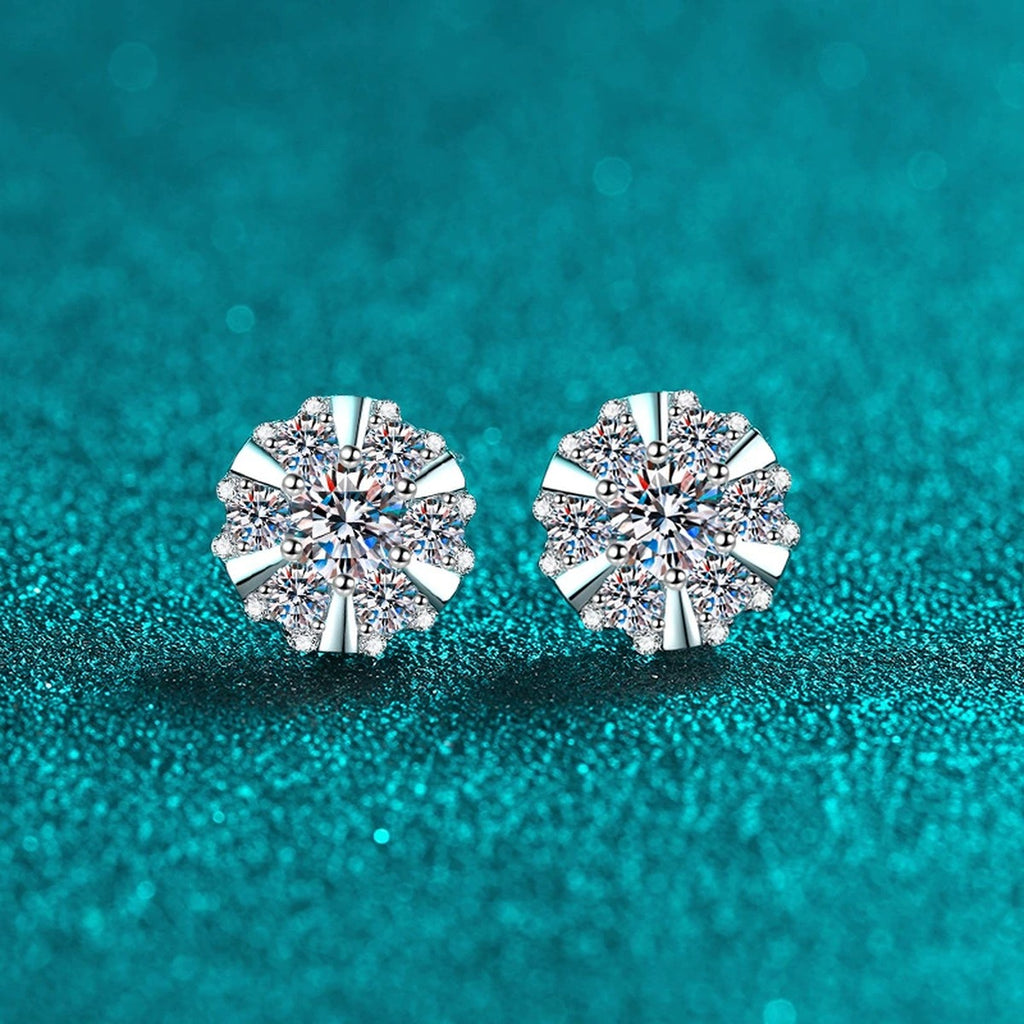 Starburst Moissanite Stud Earrings with CZ in Rhodium-Plated S925 sterling silver product scene view showing angled setting detail