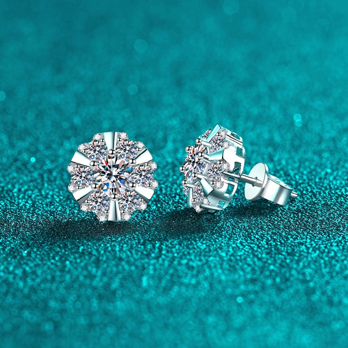 Starburst Moissanite Stud Earrings with CZ in Rhodium-Plated S925 sterling silver product scene view showing side profile