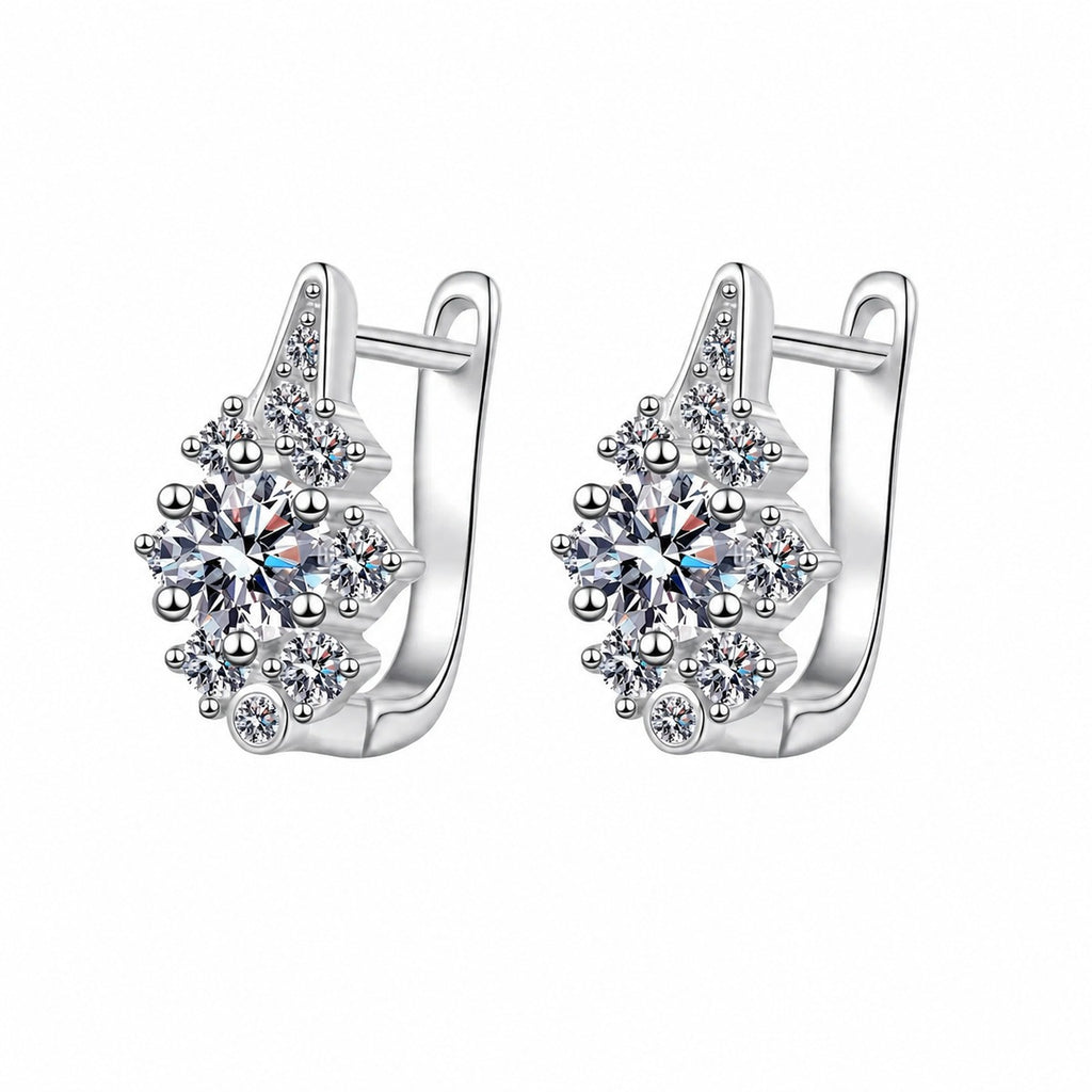 Round Moissanite Hoop Earrings with CZ in Rhodium-Plated S925 sterling silver white background product photo showing the pair, stone shape, and hoop earrings silhouette