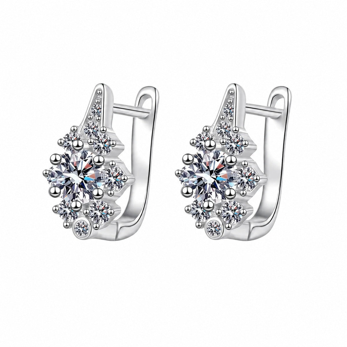 Round Moissanite Hoop Earrings with CZ in Rhodium-Plated S925 sterling silver white background product photo showing the pair, stone shape, and hoop earrings silhouette