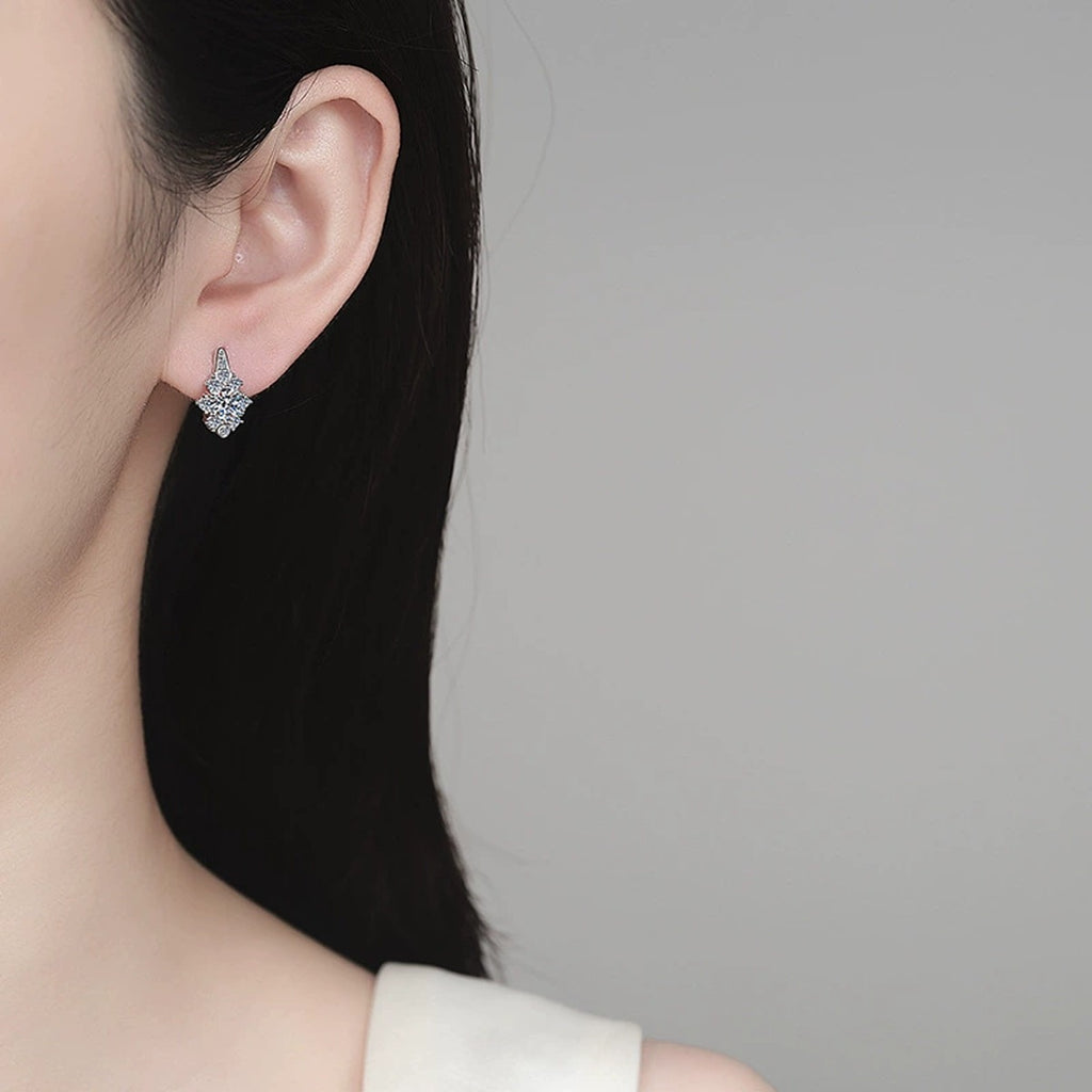 Round Moissanite Hoop Earrings with CZ in Rhodium-Plated S925 sterling silver worn on ear by model showing scale, placement, and hoop earrings styling