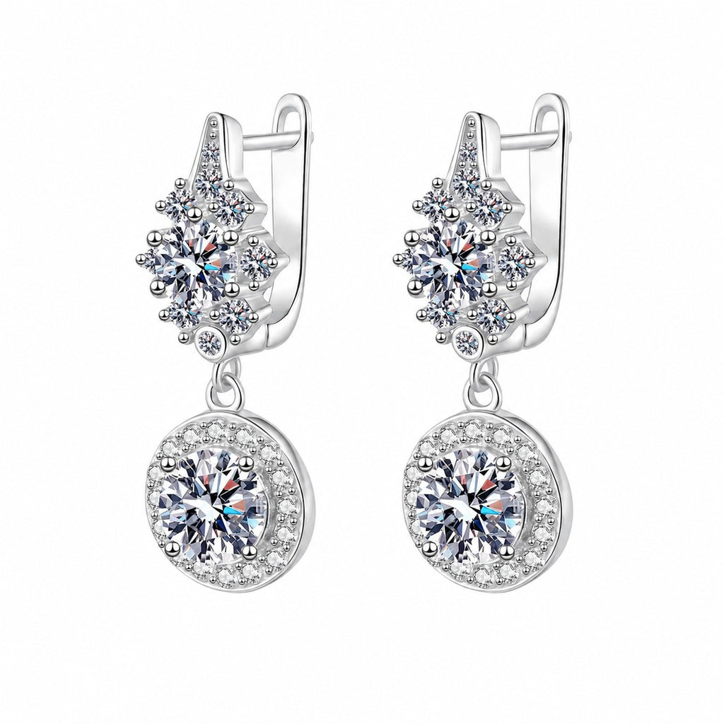 Round Moissanite Hoop Dangle Earrings with CZ in Rhodium-Plated S925 sterling silver white background product photo showing the pair, stone shape, and hoop dangle earrings silhouette