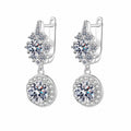Round Moissanite Hoop Dangle Earrings with CZ in Rhodium-Plated S925 sterling silver white background product photo showing the pair, stone shape, and hoop dangle earrings silhouette