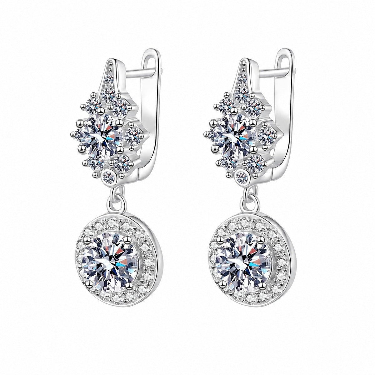 Round Moissanite Hoop Dangle Earrings with CZ in Rhodium-Plated S925 sterling silver white background product photo showing the pair, stone shape, and hoop dangle earrings silhouette