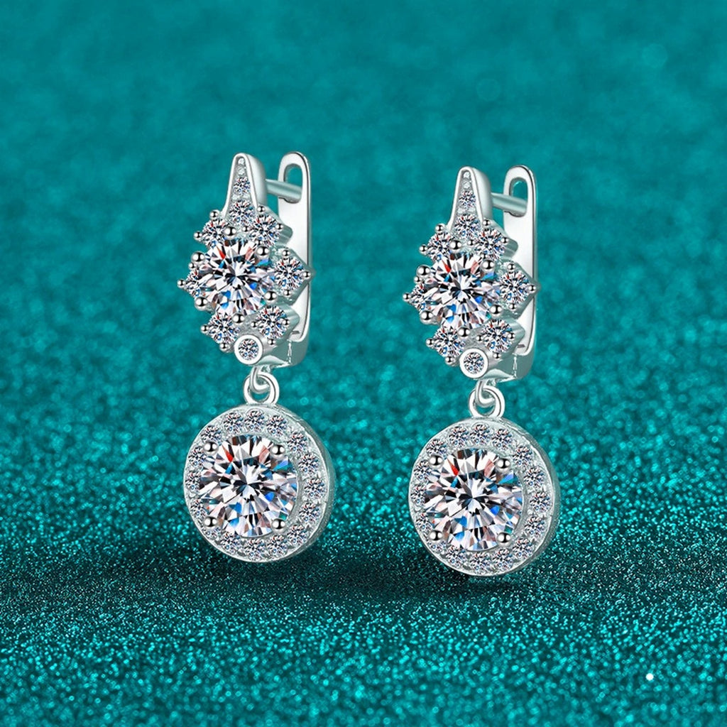 Round Moissanite Hoop Dangle Earrings with CZ in Rhodium-Plated S925 sterling silver product scene view showing front sparkle