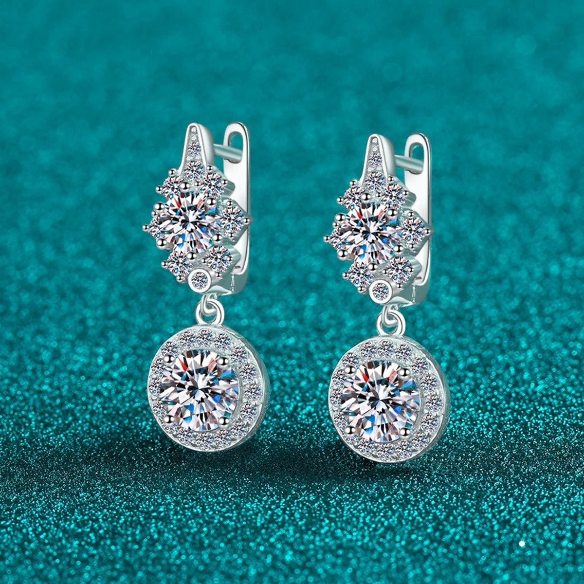 Round Moissanite Hoop Dangle Earrings with CZ in Rhodium-Plated S925 sterling silver product scene view showing front sparkle