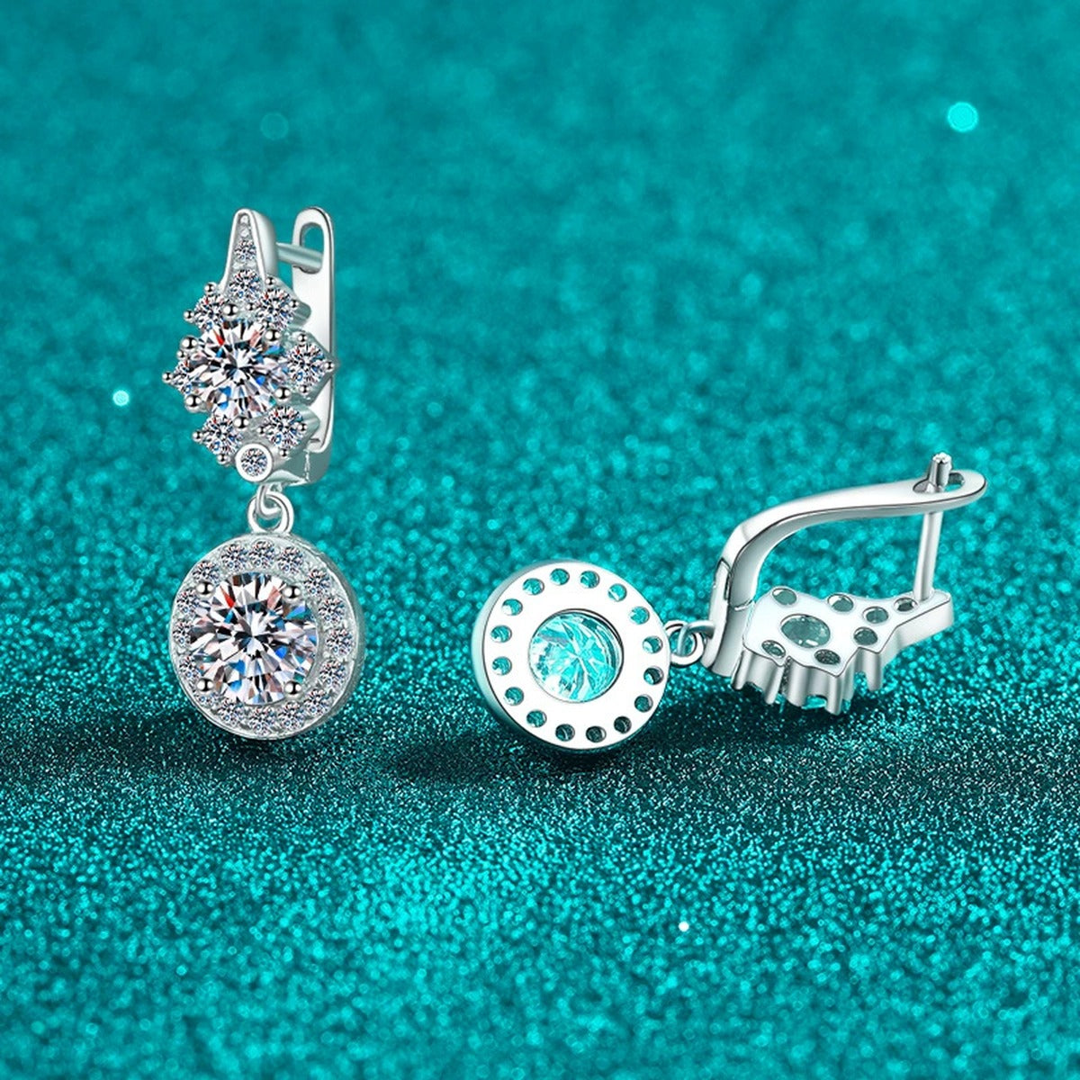 Round Moissanite Hoop Dangle Earrings with CZ in Rhodium-Plated S925 sterling silver product scene view showing angled setting detail